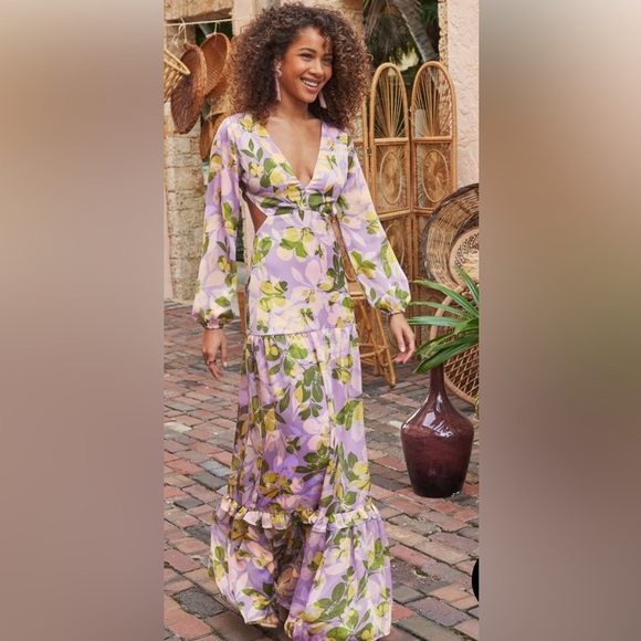 Venus Floral Lavender Sherbert Satin Ruffle Side Cut Out Vacation Maxi Dress - Picture 1 of 13